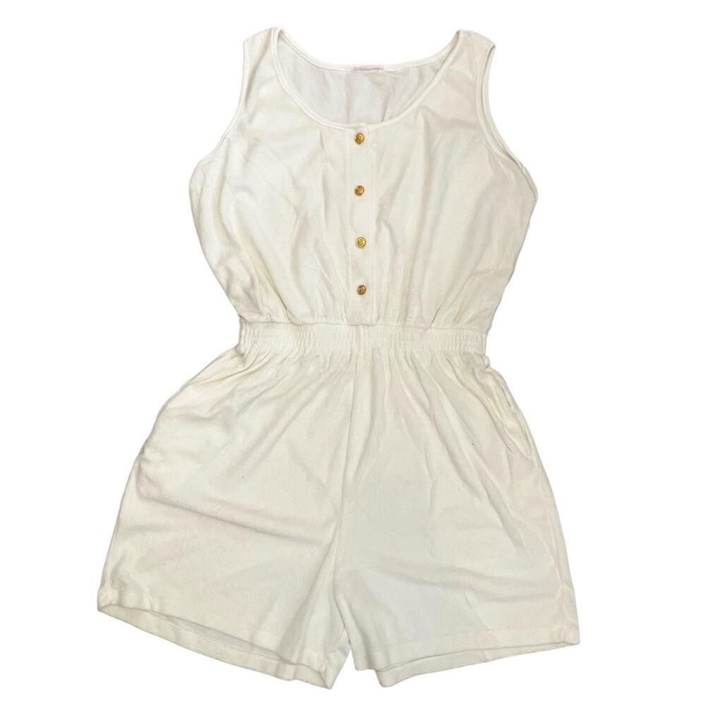 Vintage 80s White Terry Cloth Romper Womens Large XL Retro Beach Playsuit